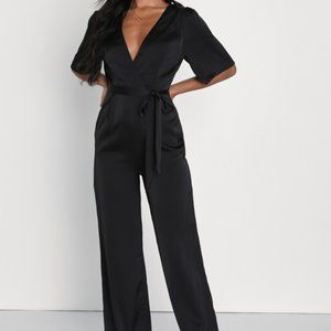 NWT Lulus Black Satin Short Sleeve Wide-Leg Jumpsuit XL